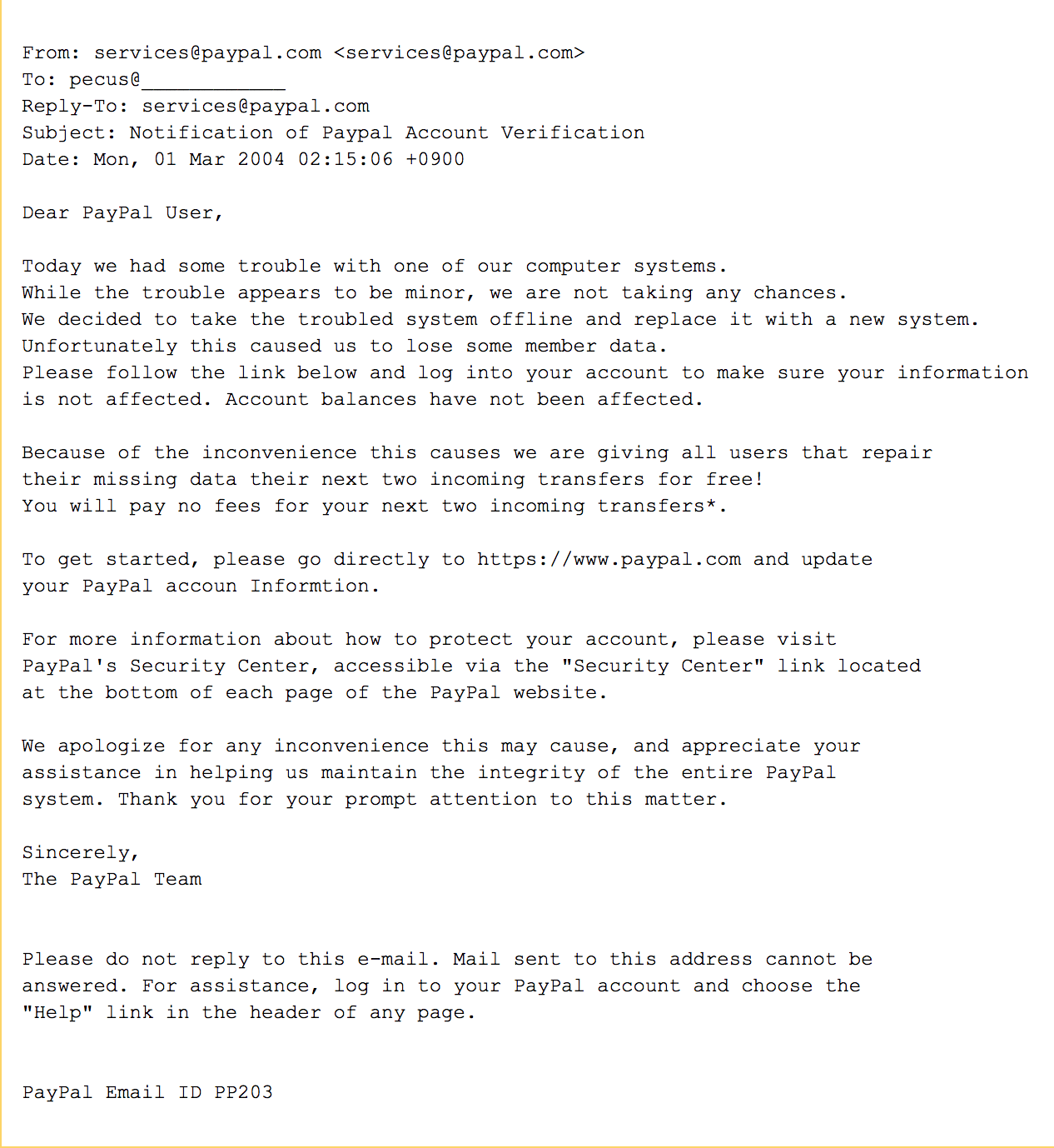 PayPal email spoof